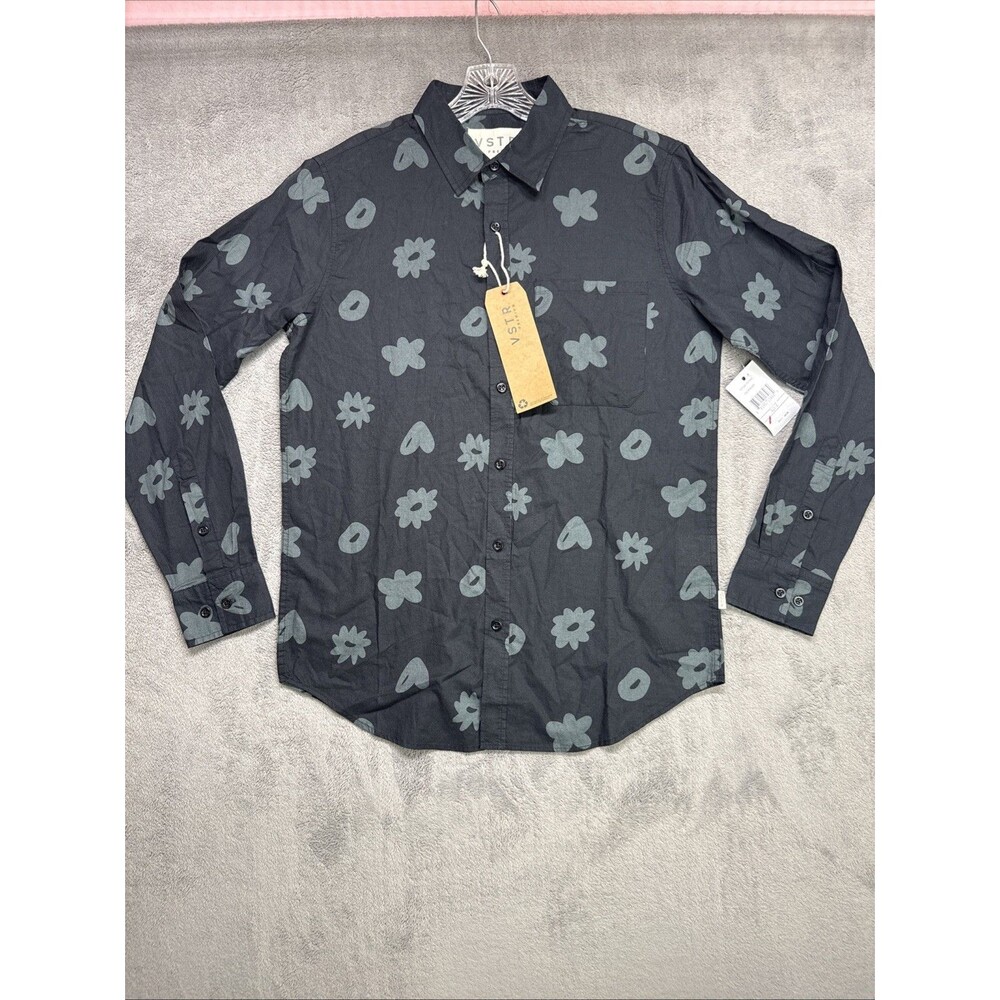 VSTR Premium Mens S Long Sleeve Button Down Shirt Black Floral Heart Cotton